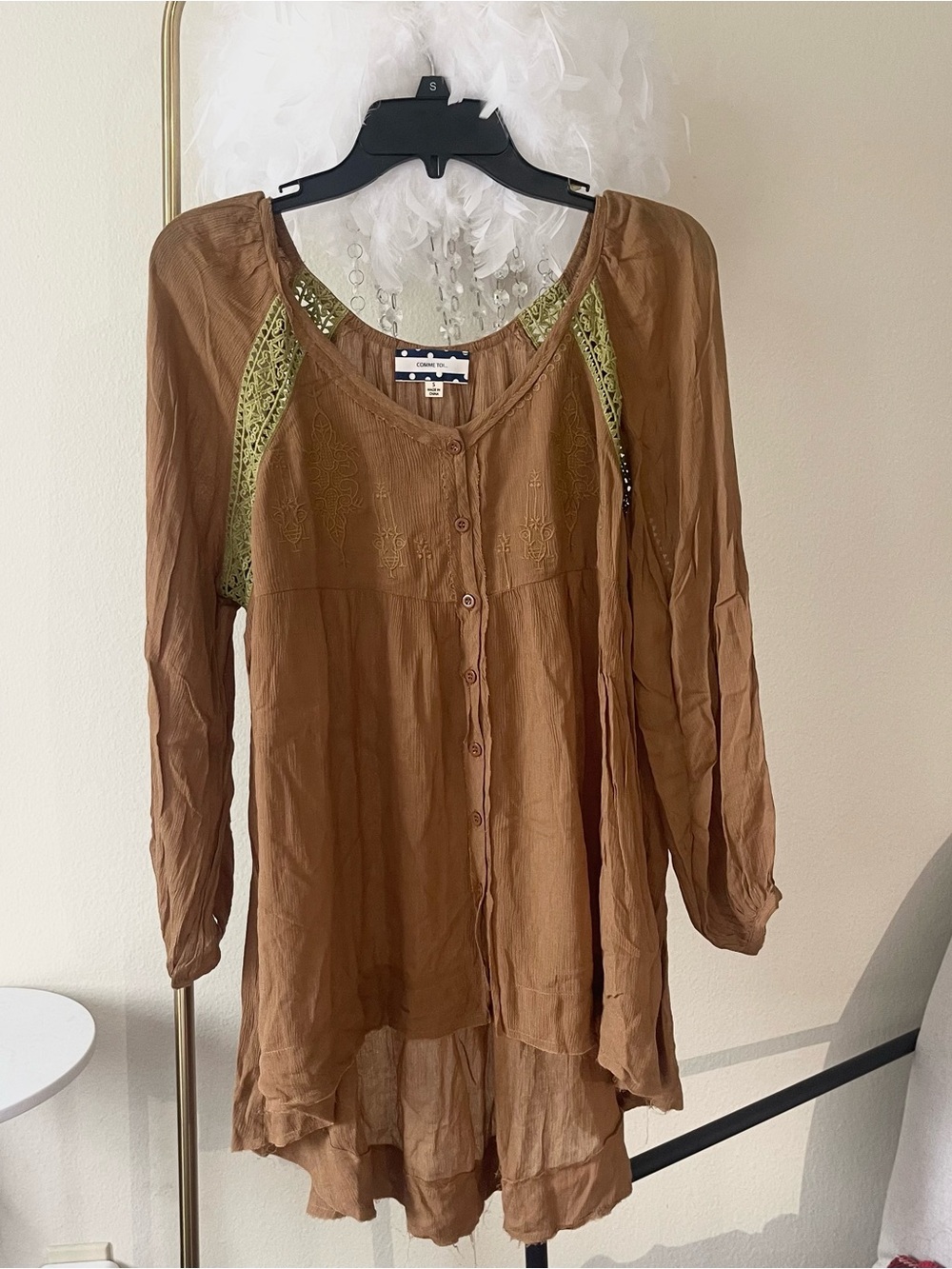 Bohemian Gypsy hippie Loose embroidered crochet high low flowing tunic top